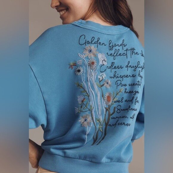NWT Size XS - Anthropologie 100% Cotton Embroidered Blue Sweatshirt - Picture 7 of 16